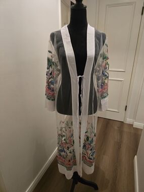 Sheer White Embroidered Floral Duster/Beach Cover Up